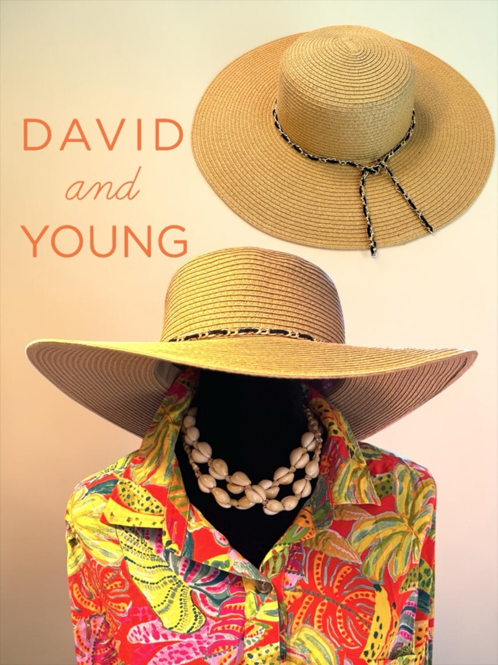 DAVID & YOUNG Wide Brim Floppy Sun Hat – Tan /Gold & Black Chain Band – Packable